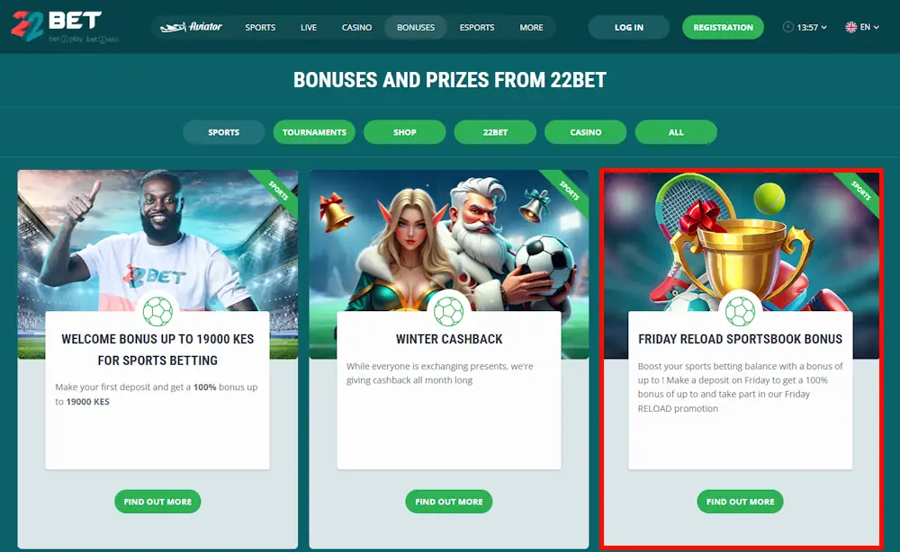 22Bet Friday Reload Bonus Screenshot